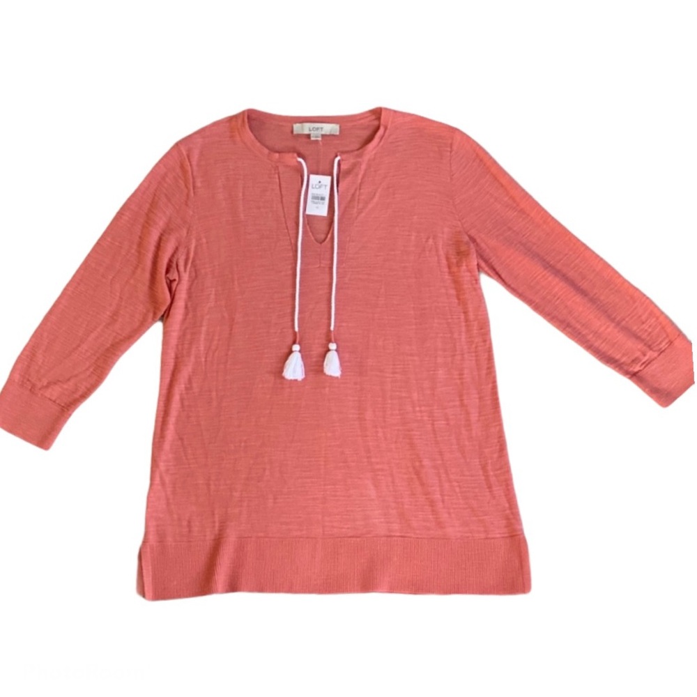 LOFT Split Neck Fringe Tassel Lightweight Tunic Top Coral Pink Casual Cozy Chic - Picture 2 of 9